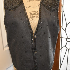 Vintage black beaded denim vest