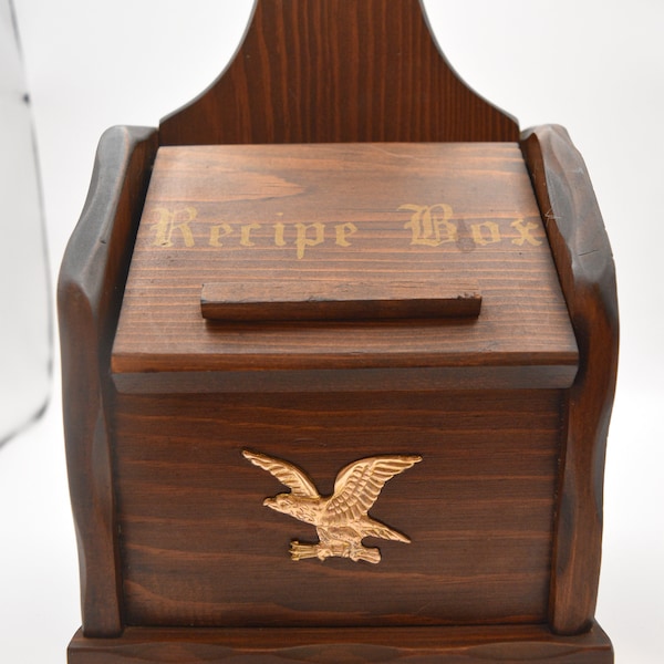 Vintage hanging wood recipe filing box with eagle