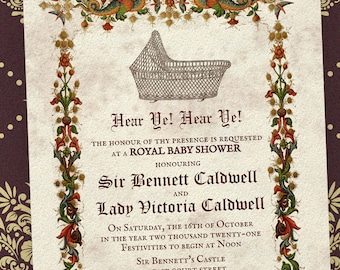 May include: A baby shower invitation in a medieval style, featuring a decorative border with dragons and floral elements. The invitation text includes "Hear Ye! Hear Ye!" and details for Sir Bennett and Lady Victoria Caldwell's baby shower. Includes "Edit and Download!" text.