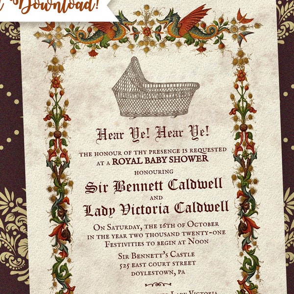 TRY DEMO FIRST - Medieval Renaissance Middle Ages Dragon Knight Renfaire Baby Shower Invitation