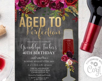 Aged to Perfection Wine Birthday Invitation: Floral Chalkboard (Digital Download)