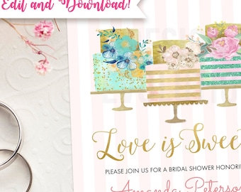 TRY DEMO FIRST - Love is Sweet Cake Floral Watercolor Bridal Shower Wedding Invitation