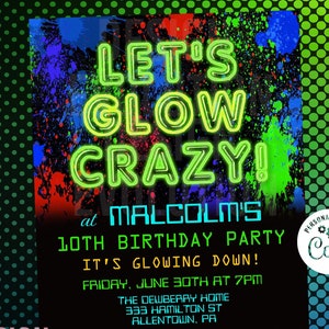 TRY DEMO FIRST - Glow Party 80's Party Glow in the Dark Neon Party Boy Birthday Invitation
