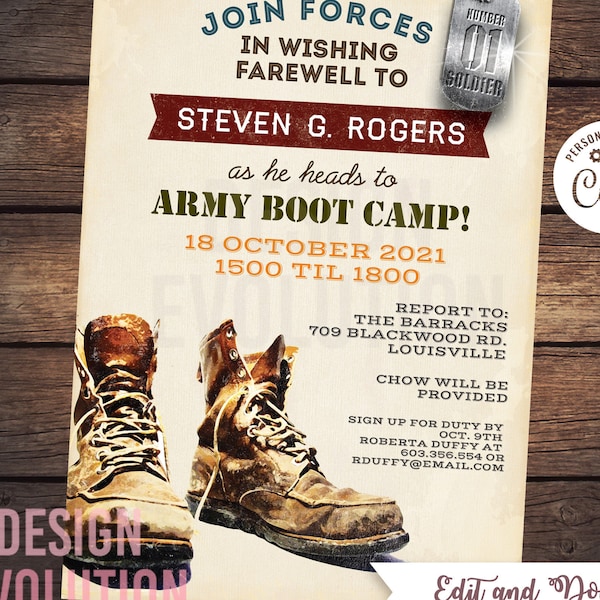 TRY DEMO FIRST - Military Farewell Going Away Boot Camp Army Navy Air Force Marines Party Invitation