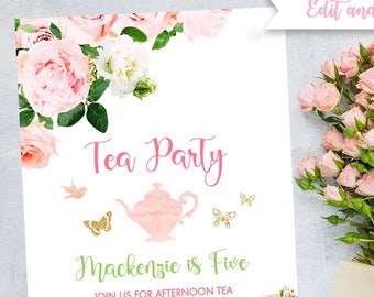 TRY DEMO FIRST - Tea Party Tea for Two Floral Teapot Butterfly Invitation