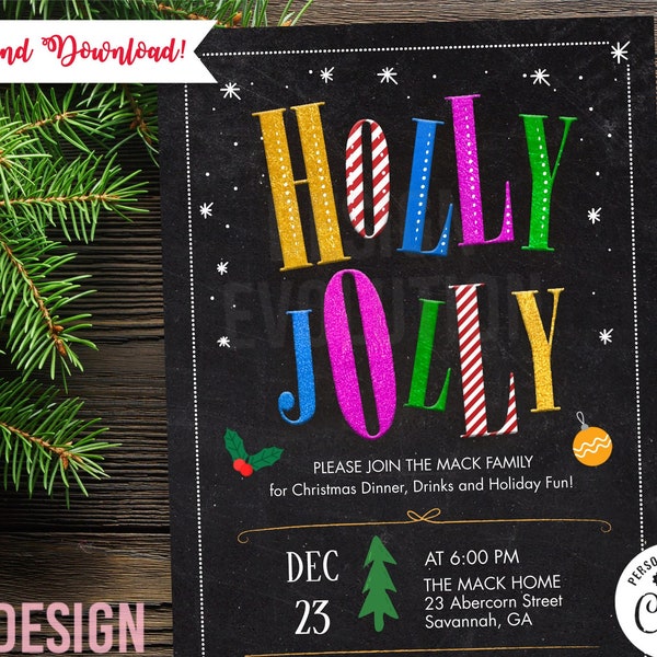 TRY DEMO FIRST - Holly Jolly Holiday Winter Christmas Party Colorful Typography Glitter Invitation