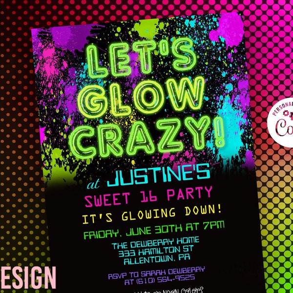 TRY DEMO FIRST - Any Age Glow Party 80's Party Glow in the Dark Neon Party Girl Birthday Invitation