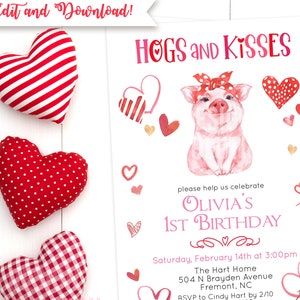 TRY DEMO FIRST - Valentine's Day Watercolor Cute Pig Valentines Day Card Valentine Love Hearts Pink Red Invitation