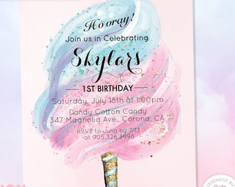 TRY DEMO FIRST - Any Age Cotton Candy Watercolor Pastel Glitter Birthday Invitation