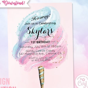 TRY DEMO FIRST - Any Age Cotton Candy Watercolor Pastel Glitter Birthday Invitation