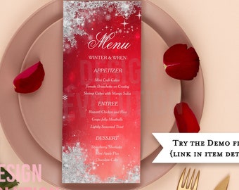 Winter Snowflake Dinner Menu Template: Elegant Holiday Place Setting (Digital Download)