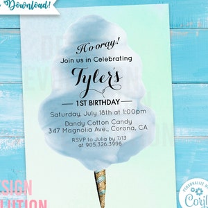 TRY DEMO FIRST - Cotton Candy Blue Watercolor Pastel Birthday Invitation