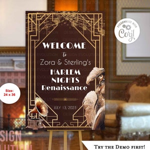 TRY DEMO FIRST -  Size 24 x 36 Harlem Nights African American Art Deco 1920s Wedding Bridal Birthday Anniversary Engagement Welcome Sign