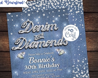Denim and Diamonds Birthday Invitation: Sweet 16, Western (Digital Download)