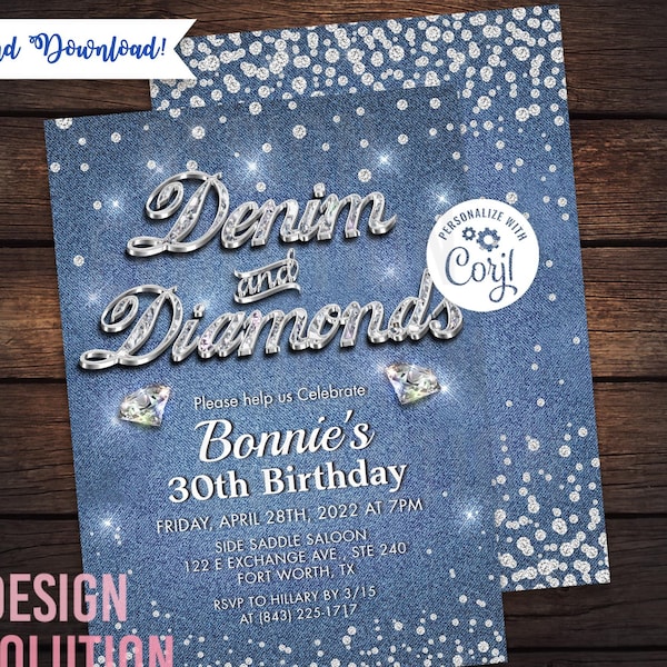 TRY DEMO FIRST - Denim and Diamonds Birthday Diamonds and Denim Blue Jeans and Bling Birthday Sweet 16 Western Invitation