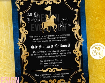 TRY DEMO FIRST - Medieval Renaissance Middle Ages Blue and Gold Knight Renfaire Birthday Invitation