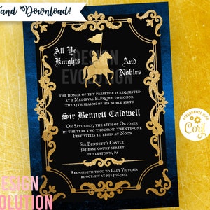 TRY DEMO FIRST - Medieval Renaissance Middle Ages Blue and Gold Knight Renfaire Birthday Invitation