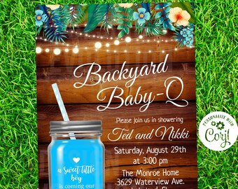 Baby Q BBQ Shower Invitation: Mason Jar, Floral Lights (Digital Download)