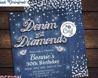 Denim and Diamonds Birthday Invitation: Sweet 16, Western (Digital Download)