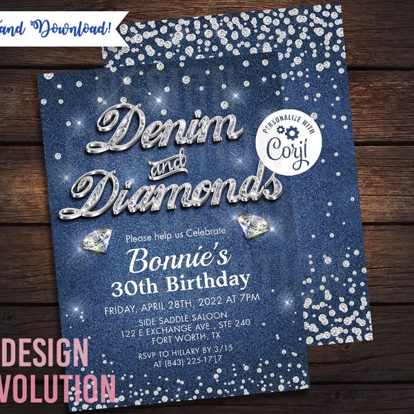 TRY DEMO FIRST - Denim and Diamonds Birthday Diamonds and Denim Blue Jeans and Bling Birthday Sweet 16 Western Invitation