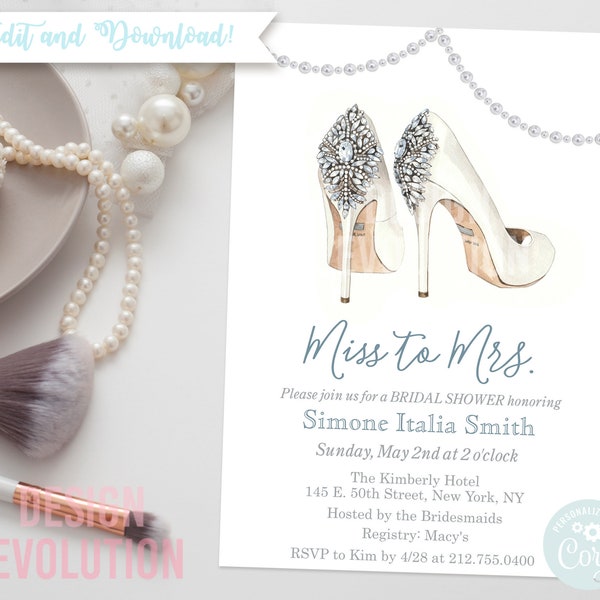 TRY DEMO FIRST - High Heel Shoe Themed Pearl Classy Bridal Shower Invitation