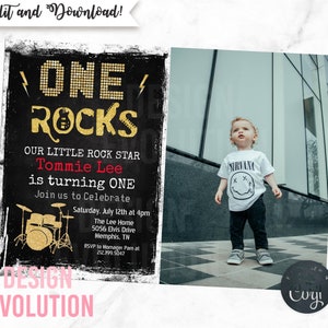 TRY DEMO FIRST - One Rocks Rock Star Rockstar Rock n Roll Drum set Gold Glitter Chalkboard First 1st Birthday Photo Invitation