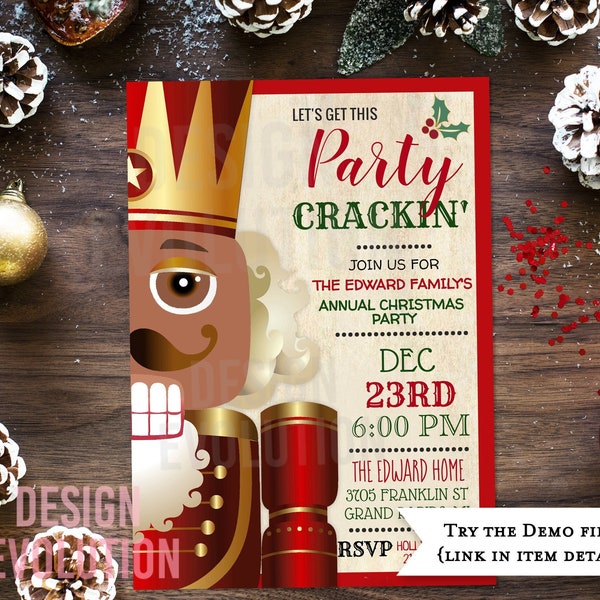 TRY DEMO FIRST - African American Ethnic The Nutcracker Let's Get this Party Crackin' Holiday Christmas Party Invitation