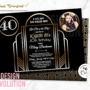 TRY DEMO FIRST - Art Deco Great Gatsby Harlem Nights Cotton Club Jazz Age 1920s Roaring 20's Speakeasy Black Gold Birthday Photo Invitation