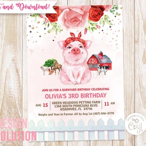 TRY DEMO FIRST - Cute Pig Farm Animals Barn Farm Birthday Confetti Watercolor Invitation