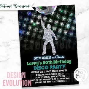 TRY DEMO FIRST - Disco Party Retro Adult Male 1970s 70s Disco Ball Disco Lights Silver Glitter Birthday Invitation