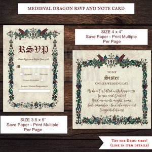 TRY DEMO FIRST - Size 4 x 4 Medieval Renaissance Middle Ages Dragon Knight Renfaire Notecard Notecards Flatcard