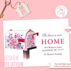 TRY DEMO FIRST - Mailbox New Home Pink Foral Moving Announcement We've Moved Housewarming Baby Shower by Mail Card