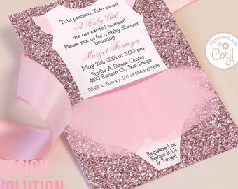 TRY DEMO FIRST - Tutu Glitter Ballerina Ballet Onesie Romper Baby Shower Invitation