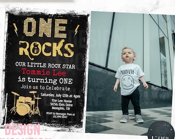 TRY DEMO FIRST - One Rocks Rock Star Rockstar Rock n Roll Drum set Gold Glitter Chalkboard First 1st Birthday Photo Invitation