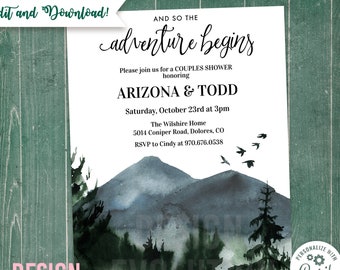 Adventure Begins Invitation: Watercolor Mountain Forest (Digital Download)
