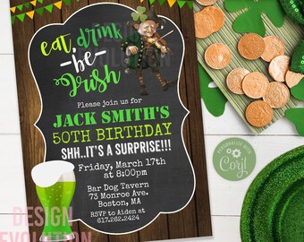 St. Patrick's Day Birthday Invitation: Rustic Green Beer, Shamrock (Digital Download)