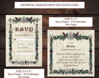 TRY DEMO FIRST - Size 4 x 4 Medieval Renaissance Middle Ages Dragon Knight Renfaire Notecard Notecards Flatcard