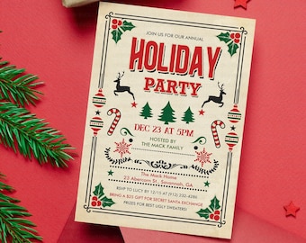 May include: A vintage-style Christmas party invitation with a red and green colour scheme. The invitation features a festive design with candy canes, baubles, and reindeer. The text reads "Join us for our annual Holiday Party, Dec 23 at 5pm, Hosted by The Mack Family, The Mack Home, 23 Abercorn St., Savannah, GA, RSVP to Lucy by 12/15 at (912) 232-4286, Bring a £25 gift for Secret Santa Exchange, Prizes for best ugly sweaters!"