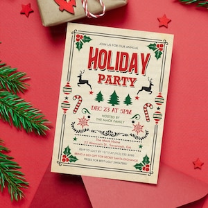 TRY DEMO FIRST - Holiday Winter Christmas Party Pine Tree Deer Candy Cane Mistletoe Festive Vintage Style Invitation