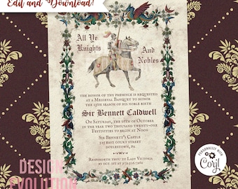 TRY DEMO FIRST -  Medieval Renaissance Middle Ages Dragon Knight Renfaire Birthday Invitation