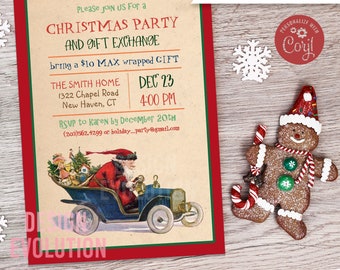 May include: A red and white Christmas party invitation with a vintage illustration of Santa Claus driving a car with presents. The invitation includes the text "Please join us for a Christmas Party and Gift Exchange", "bring a $10 MAX wrapped gift", "The Smith Home", "1322 Chapel Road", "New Haven, CT", "Dec 23", "4:00 PM", "RSVP to Karen by December 20th", and "(203)562.4299 or holiday_party@gmail.com".