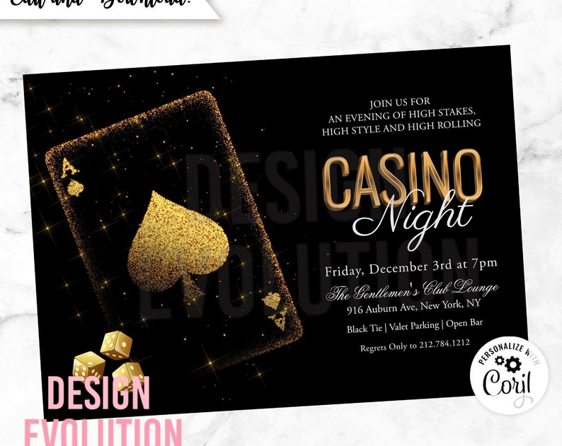 TRY DEMO FIRST Las Vegas Casino Royale Poker Night Playing Cards Glitter Dice Birthday Bachelor Party Invitation