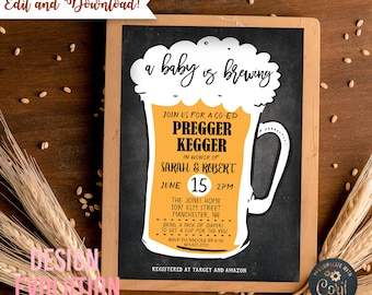 TRY DEMO FIRST -  Kegger Baby is Brewing Beer Mug Chalkboard Coed Couples Baby Shower Invitation