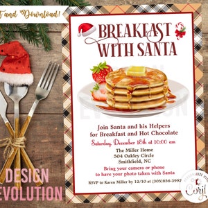 TRY DEMO FIRST - Retro Breakfast with Santa Christmas Breakfast Holiday Breakfast with Santa Pancakes Invitation
