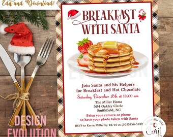 TRY DEMO FIRST - Retro Breakfast with Santa Christmas Breakfast Holiday Breakfast with Santa Pancakes Invitation