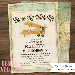 TRY DEMO FIRST - Come Fly With Me Vintage Airplane Aero plane Travel Pilot Aviator Birthday Party Invitation