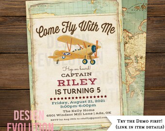 Vintage Airplane Birthday Party Invitation (Digital Download)
