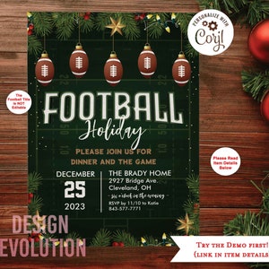 TRY DEMO FIRST - Football Holiday Christmas Themed Dinner Party Football Holiday Christmas Charity Football Greeting Card Invitation