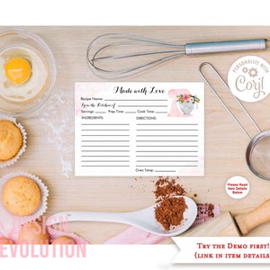 TRY DEMO FIRST - 4.5 x 6.25" 2-Sided Recipe Card Stock the Kitchen Bridal Shower Kitchen Tea Floral Mixer Mixing Stand Watercolor Invitation