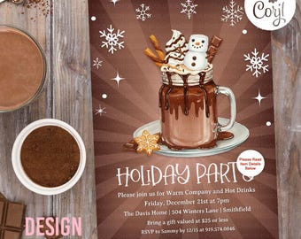 Hot Cocoa Holiday Party with Snowman Marshmallow Invitation (Digital Download)